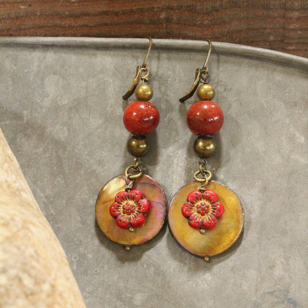 Red Czech Flower Stone Earrings