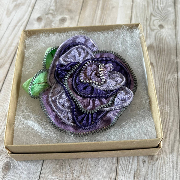 OOAK Vintage Zipper Flower Brooch Purple Lavender