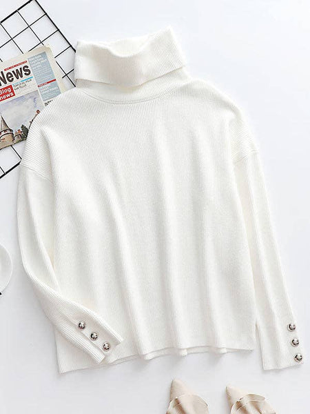 Casual Loose Solid Color High-Neck Long Sleeves Knitwear: WHITE / S