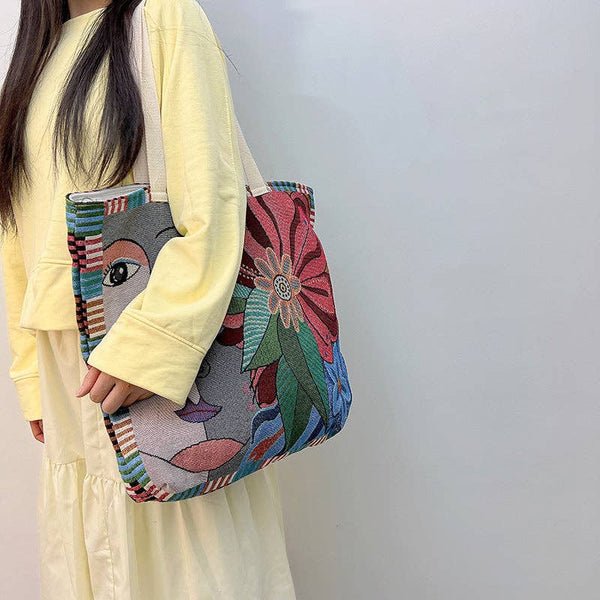 Embroidered Tote Bag with Face