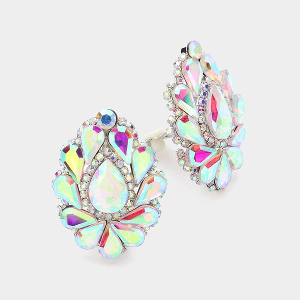 Teardrop Crystal Cluster Clip on Evening Earrings: Royal Blue