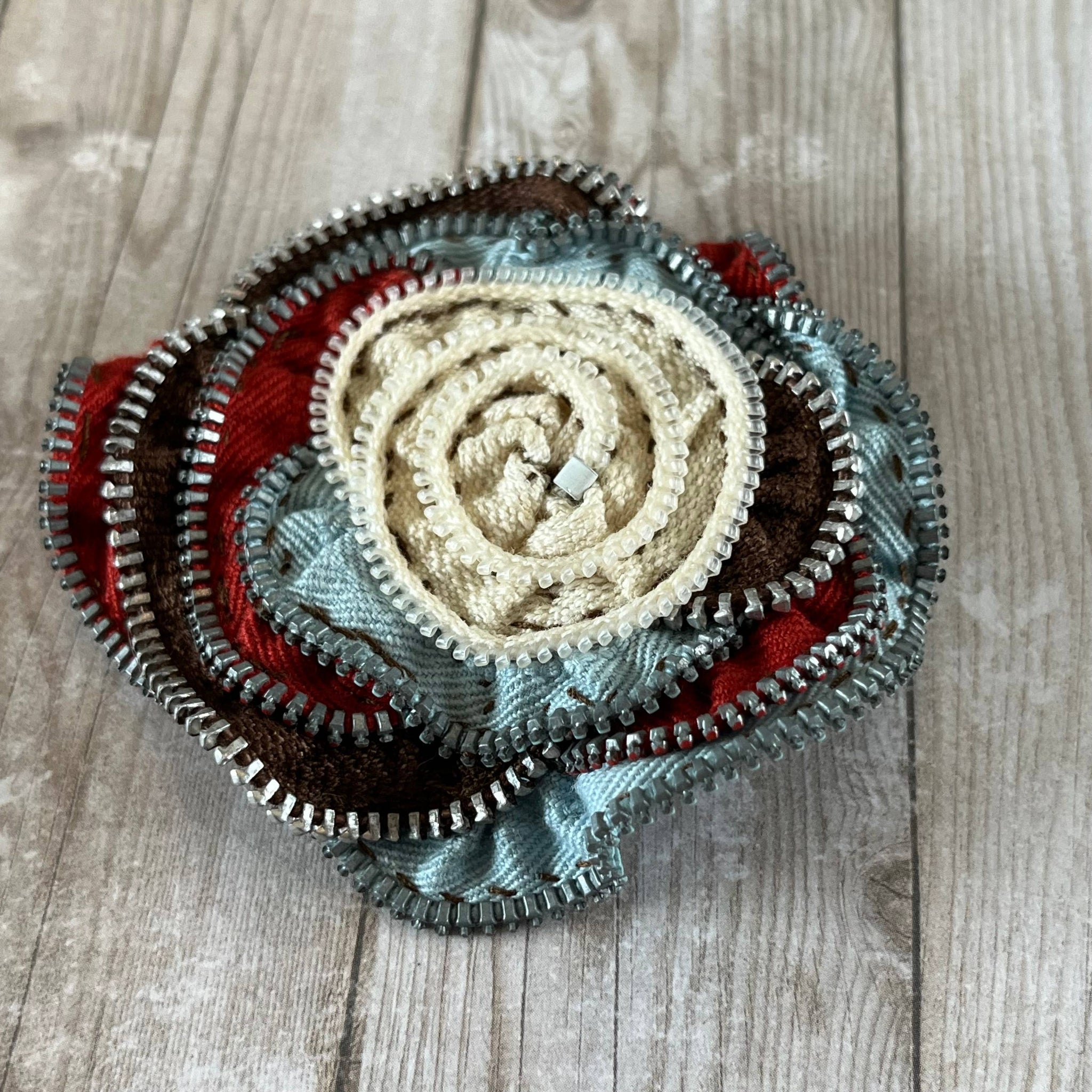 OOAK Vintage Zipper Flower Brooch Blue Rust Brown Cream