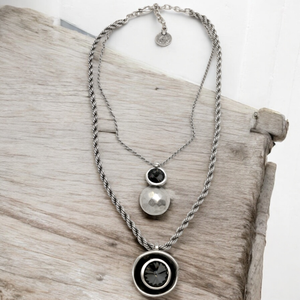 Double Strand Pewter Necklace with Gray Crystal