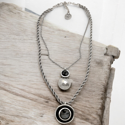 Double Strand Pewter Necklace with Gray Crystal