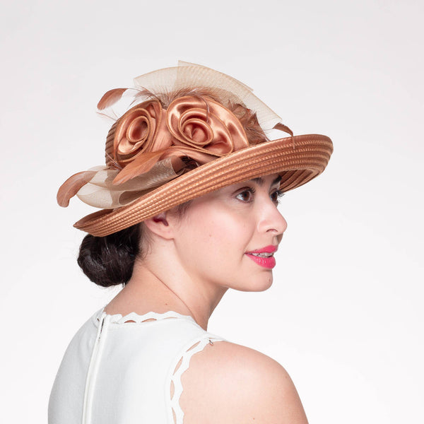 Satin Ribbon Kettle brim with flower embellishment: Bronze