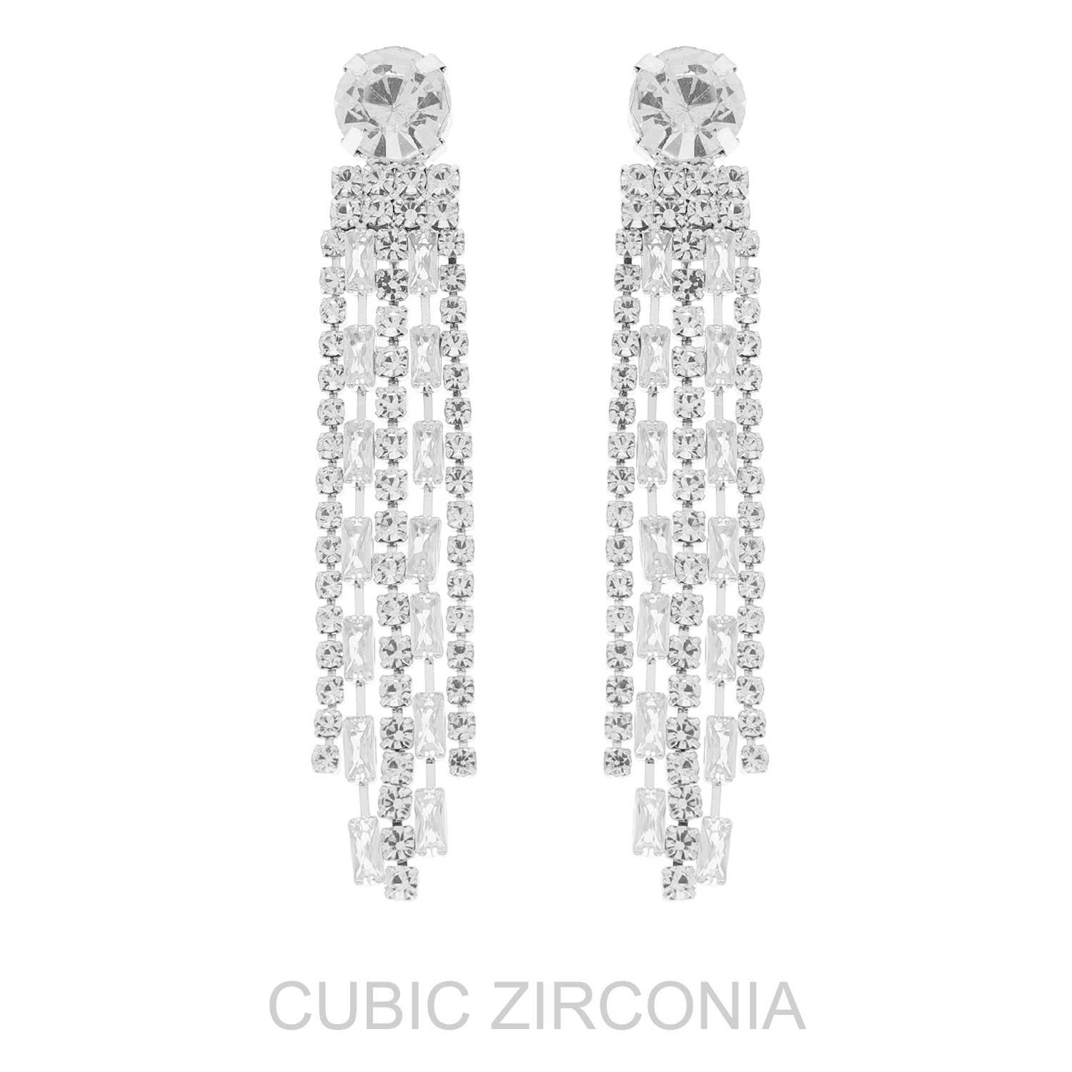 Cubic Zirconia Gemstone Post Tassel Earrings: Silver