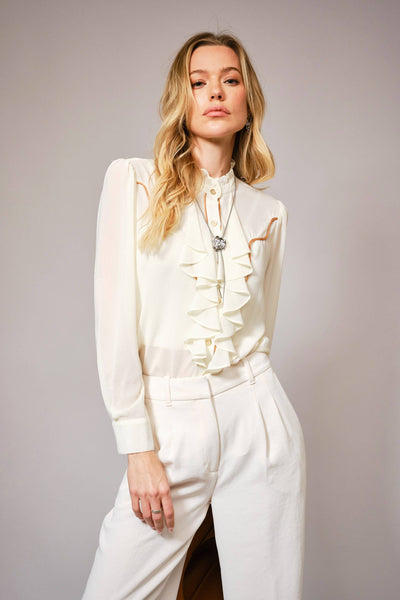 36872T - Chelsea Ruffle Front Button Up Blouse: CREAM / M