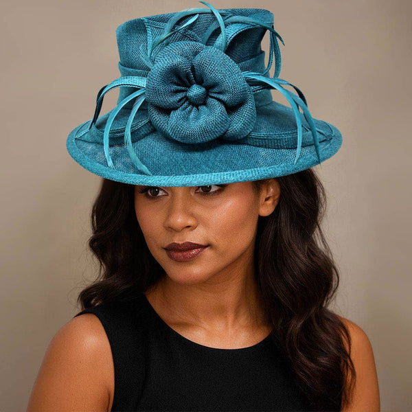 Flower Ribbon Feather Accented Sinamay Dressy Hat: Camel