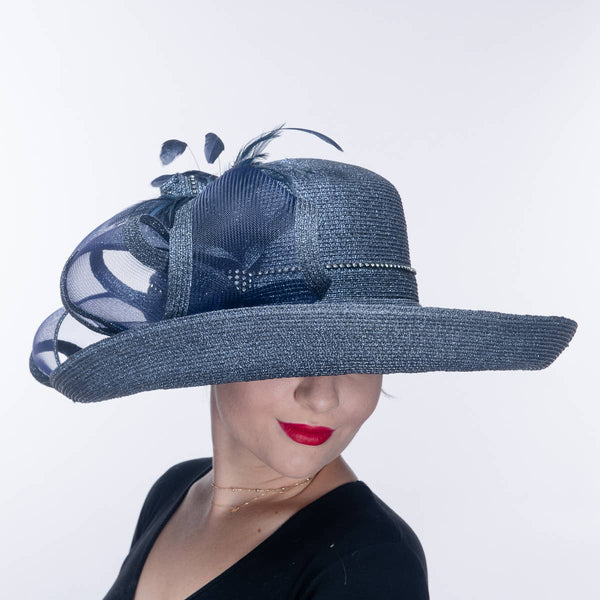 331744 Black Feather Bow Metallic Turn Up Hats: NAVY / Metallic