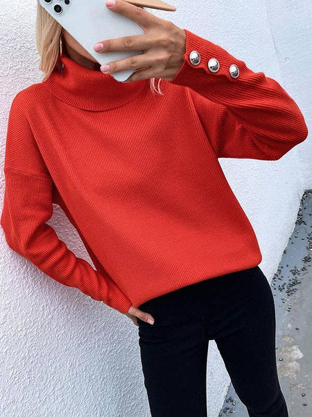 Casual Loose Solid Color High-Neck Long Sleeves Knitwear: WHITE / S