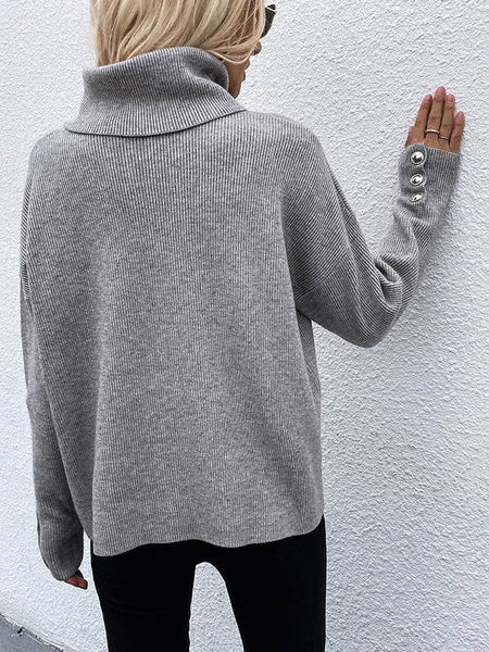 Casual Loose Solid Color High-Neck Long Sleeves Knitwear: WHITE / S