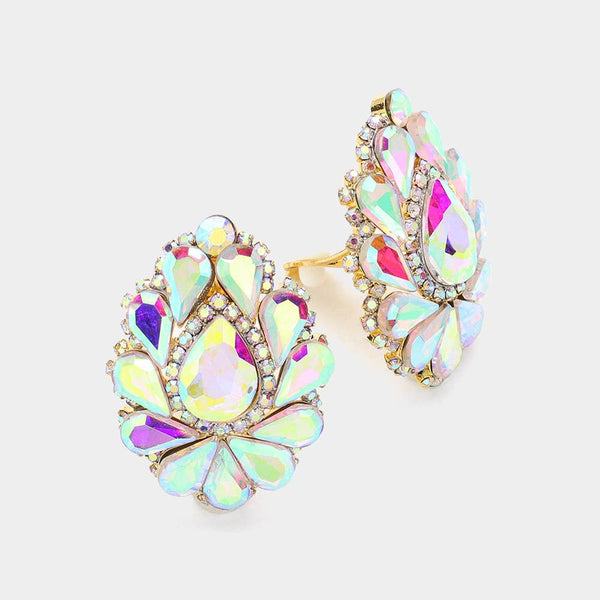 Teardrop Crystal Cluster Clip on Evening Earrings: Royal Blue