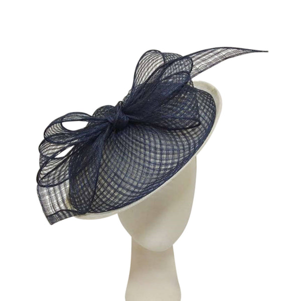 Sinamay Fascinator Base With Large Check Design Sinamay Bow: Denim+Ivory