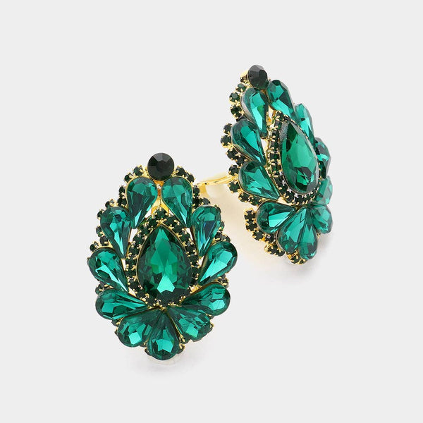 Teardrop Crystal Cluster Clip on Evening Earrings: Royal Blue