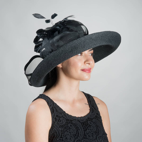 331744 Black Feather Bow Metallic Turn Up Hats: NAVY / Metallic