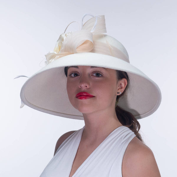 400783 Silk Flower Bow Down Brim Wool Felt Hats: IVORY / Felt