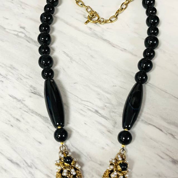 Black Agate with Vintage Style Filigree Pendant