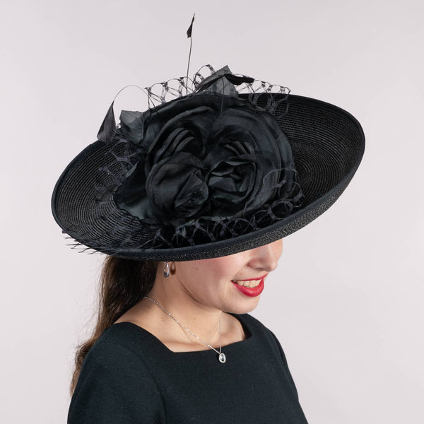 301902 Silk Flower Veil Poly Straw Church Hats: PP / IVORY