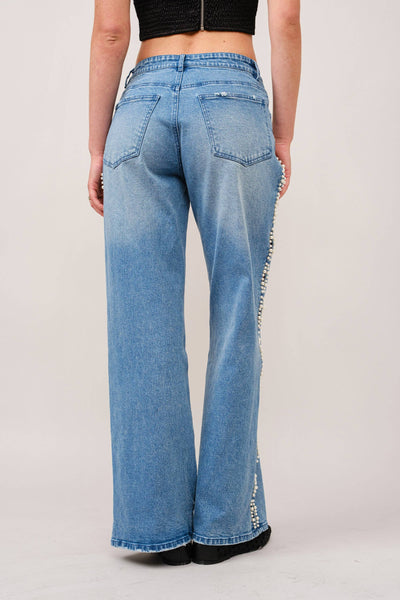 23423P - Pearl Embellished Cut Out Sides Jeans: MED WASH / M