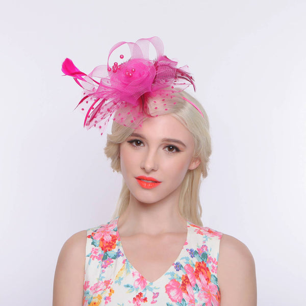 Organza Ribbon Flower Fascinator w/ Feathers & Dotted Mesh: White