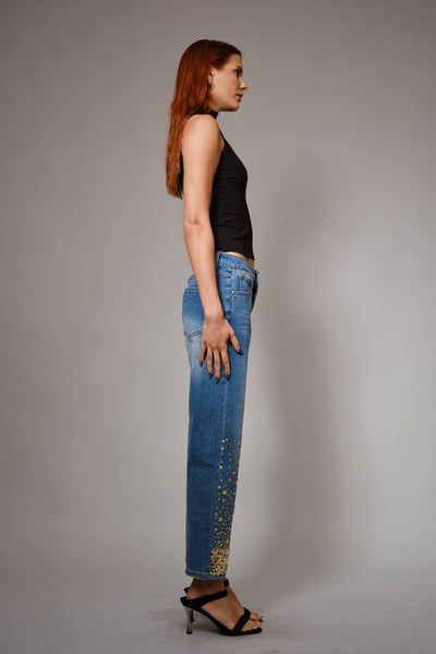 91499P - Gold Sequin Straight Leg Jeans: MED WASH / S