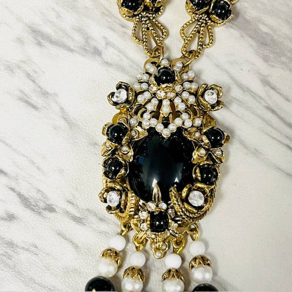 Black Agate with Vintage Style Filigree Pendant