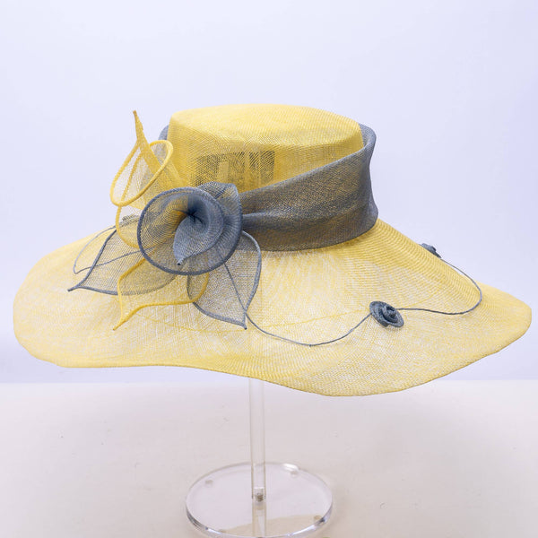 Two tone  Callalily Adorned Wide Soft Sinamay Hats | 117138: Yellow/Blue Ice