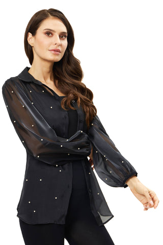 AD2417-B - Black Organza Button Down w/ Pearl Embellishment: L