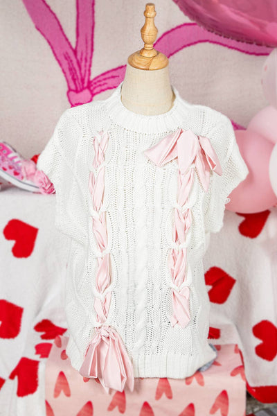 Fashion-W Cable Knit Satin Bowknot Short Sleeve Sweater: Brown / Missy / L