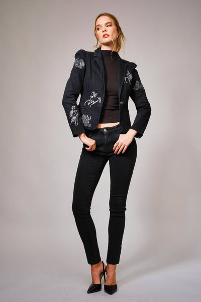 23567J - Stretch Denim Embroidered Western Blazer: BLACK / M