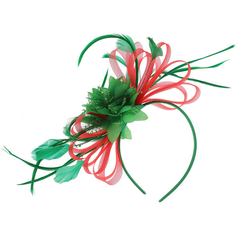 Floral Fascinator Headband w/ Side Loops & Feathers: Christmas