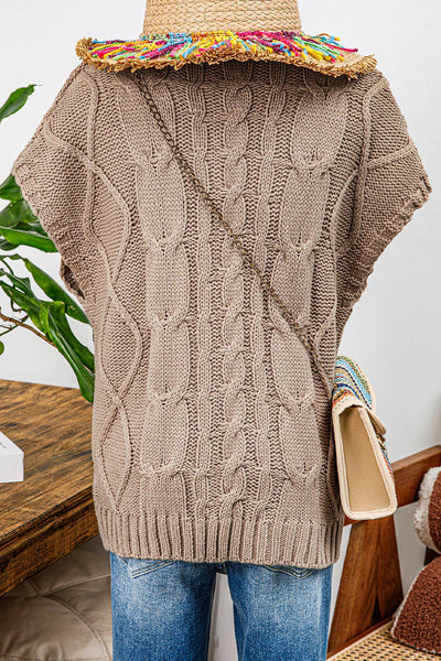 Fashion-W Cable Knit Satin Bowknot Short Sleeve Sweater: Brown / Missy / L