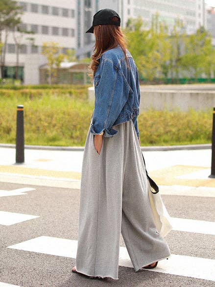 Loose Urban Gray Wide Leg Elastic Waist Pants: LIGHT GRAY / M