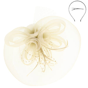 Floral Feather Loopy Bow Mesh Fascinator : Ivory