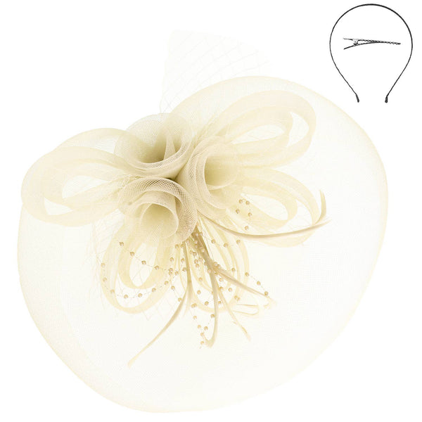 Floral Feather Loopy Bow Mesh Fascinator : Ivory