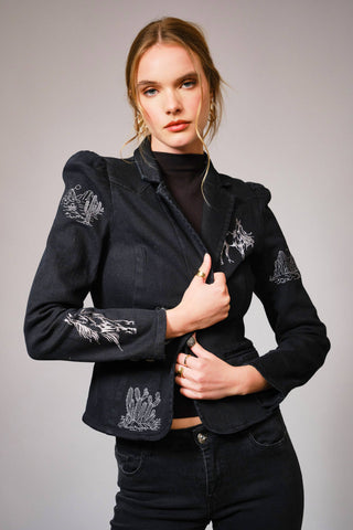 23567J - Stretch Denim Embroidered Western Blazer: BLACK / M