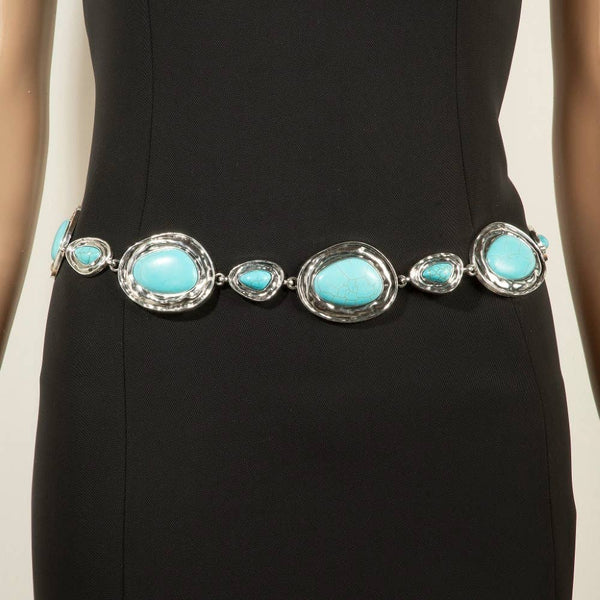 Ornate Western Concho Turquoise Stone Chain Belt: S