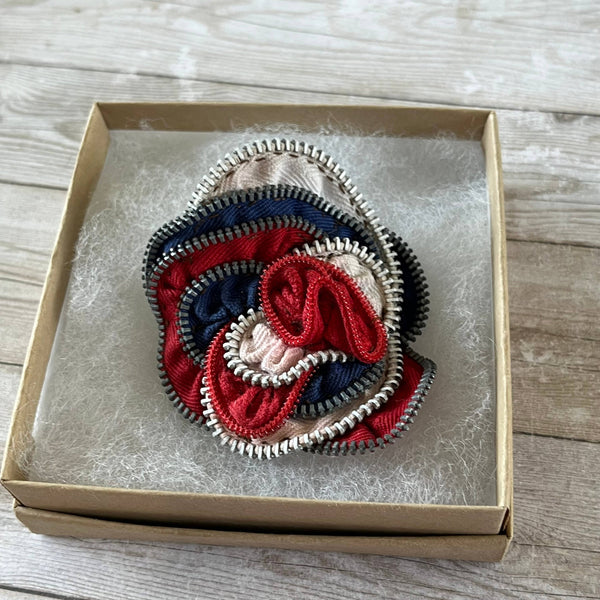 OOAK Vintage Zipper Flower Brooch Cream, Rust, and Navy