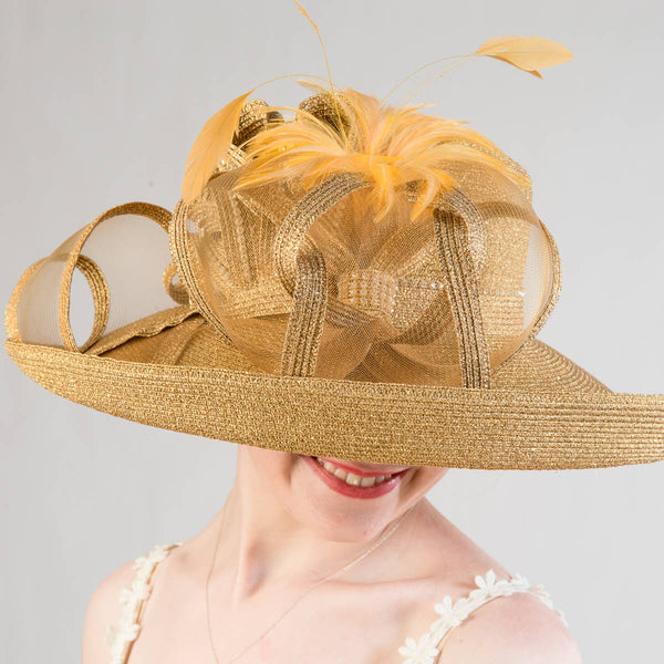 331744 Black Feather Bow Metallic Turn Up Hats: NAVY / Metallic