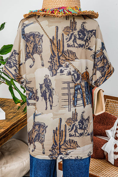 Cowboy Print Cuffed Sleeve T Shirt