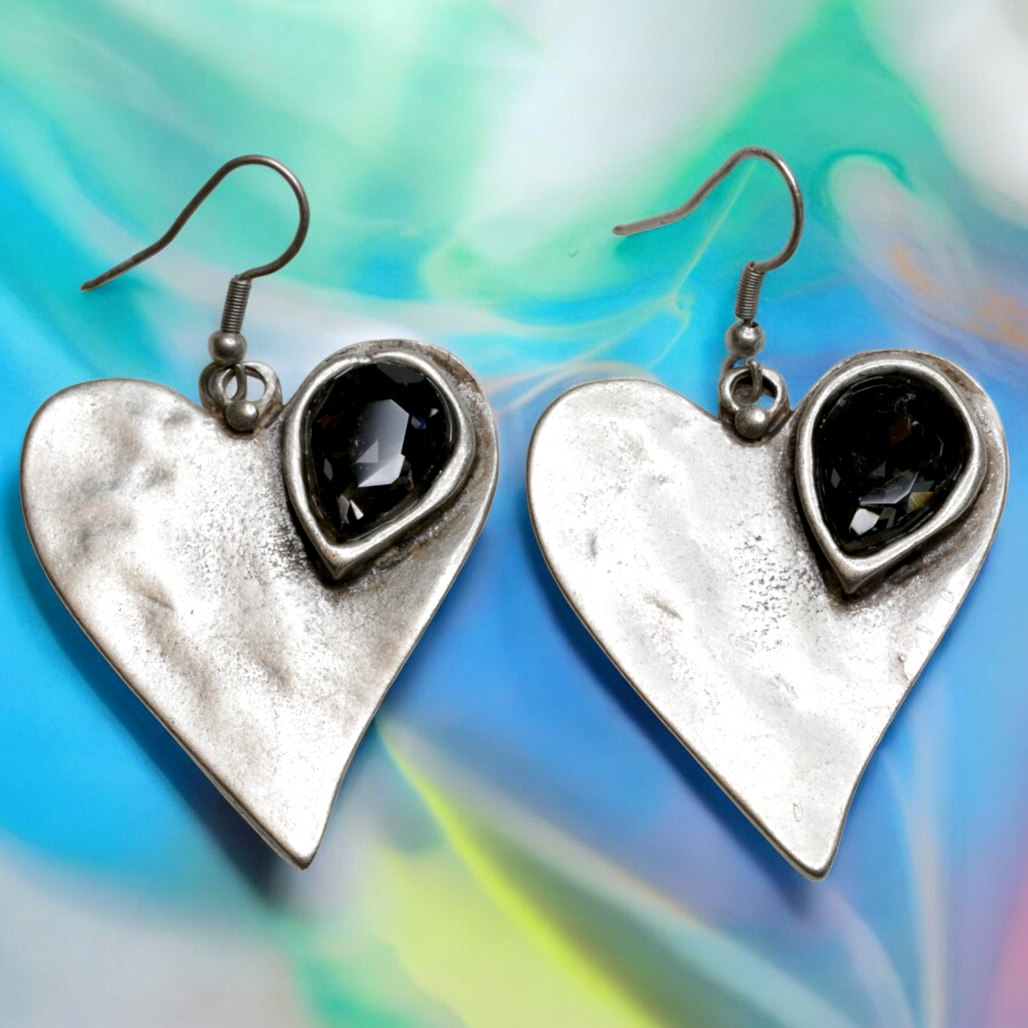 Pewter Heart Earrings with Crystal