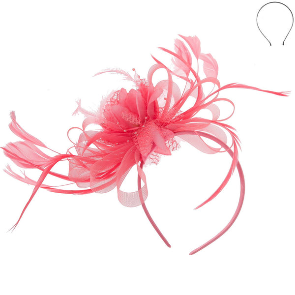 Floral Fascinator Headband w/ Side Loops & Feathers: White