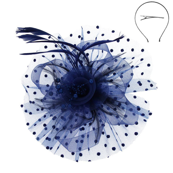 Organza Ribbon Flower Fascinator w/ Feathers & Dotted Mesh: White
