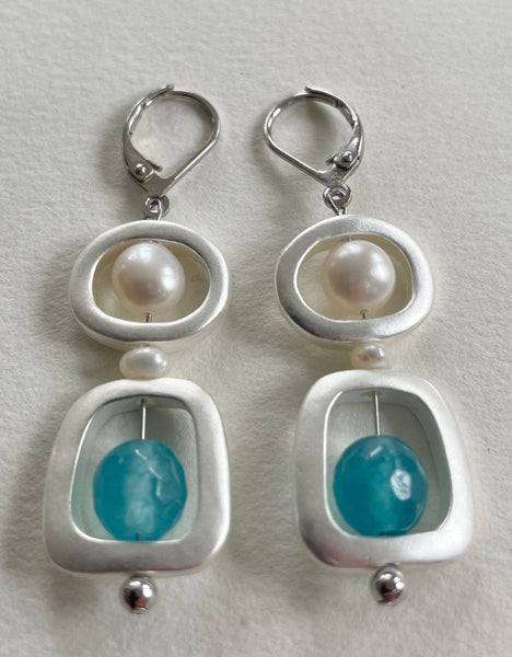 #57EDBL-Double Modern Earring: SILVER/AQUA