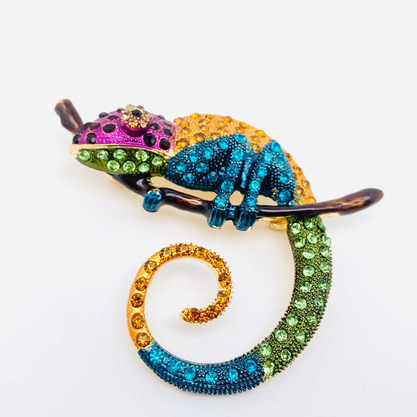 Colorful Rhinestone Chameleon Lizard Brooch: Purple