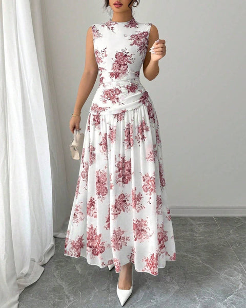 Elegant Floral Print Tank Dress: White / S