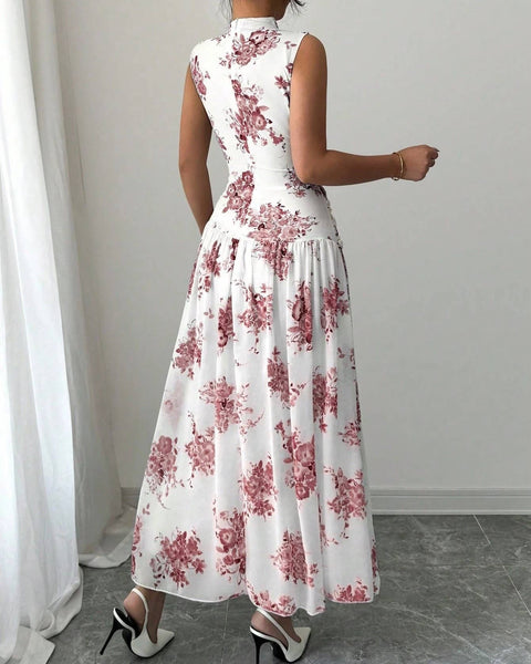 Elegant Floral Print Tank Dress: White / S