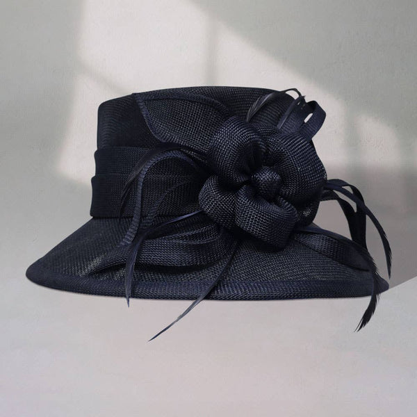 Flower Ribbon Feather Accented Sinamay Dressy Hat: Camel