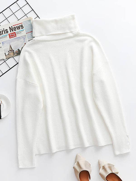 Casual Loose Solid Color High-Neck Long Sleeves Knitwear: WHITE / S