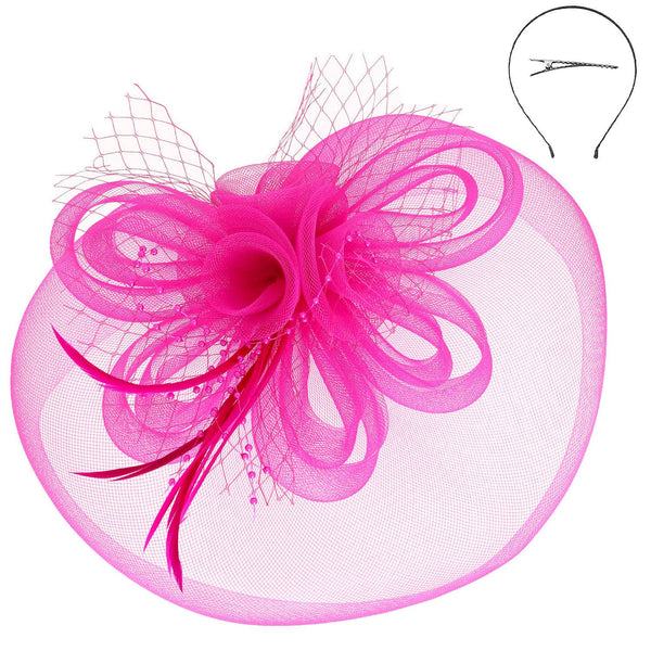 Floral Feather Loopy Bow Mesh Fascinator : Ivory